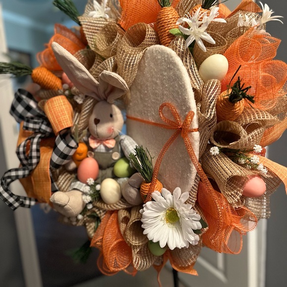 SOLD Orange and Natural Deco Mesh Easter Wreath - Picture 2 of 3